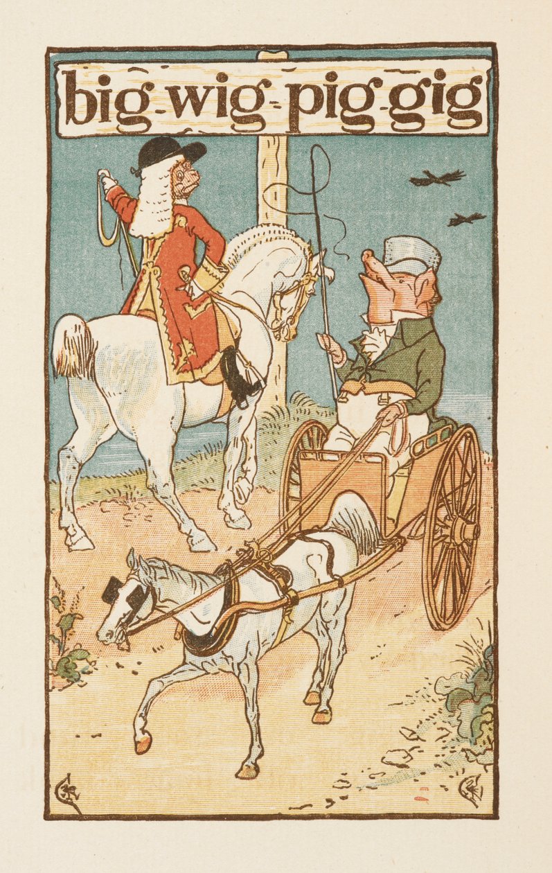 G harfiyle biten kafiyeli kelimeler. Ata binen bir domuzu ve araba süren başka bir domuzu gösteren bir resim. Altın astar. by Walter Crane