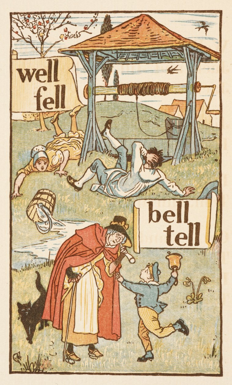 L harfiyle biten kafiyeli sözler. Zili olan bir çocuk. Yaşlı bir kadın ve kedisi. Altın astar. by Walter Crane