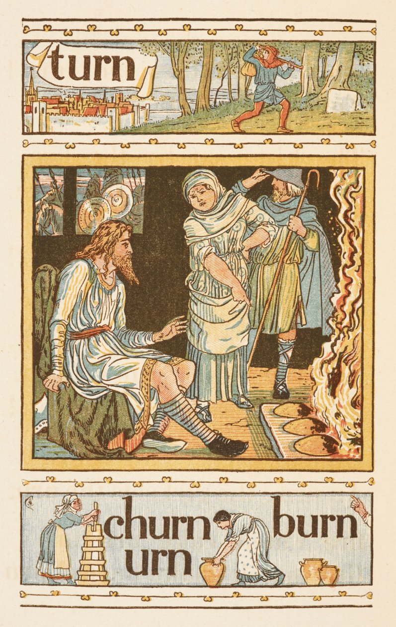 N harfiyle biten kafiyeli sözler. Muhtemelen Kral Alfred'i ve yanan kekleri gösteren bir resim. Altın astar. by Walter Crane