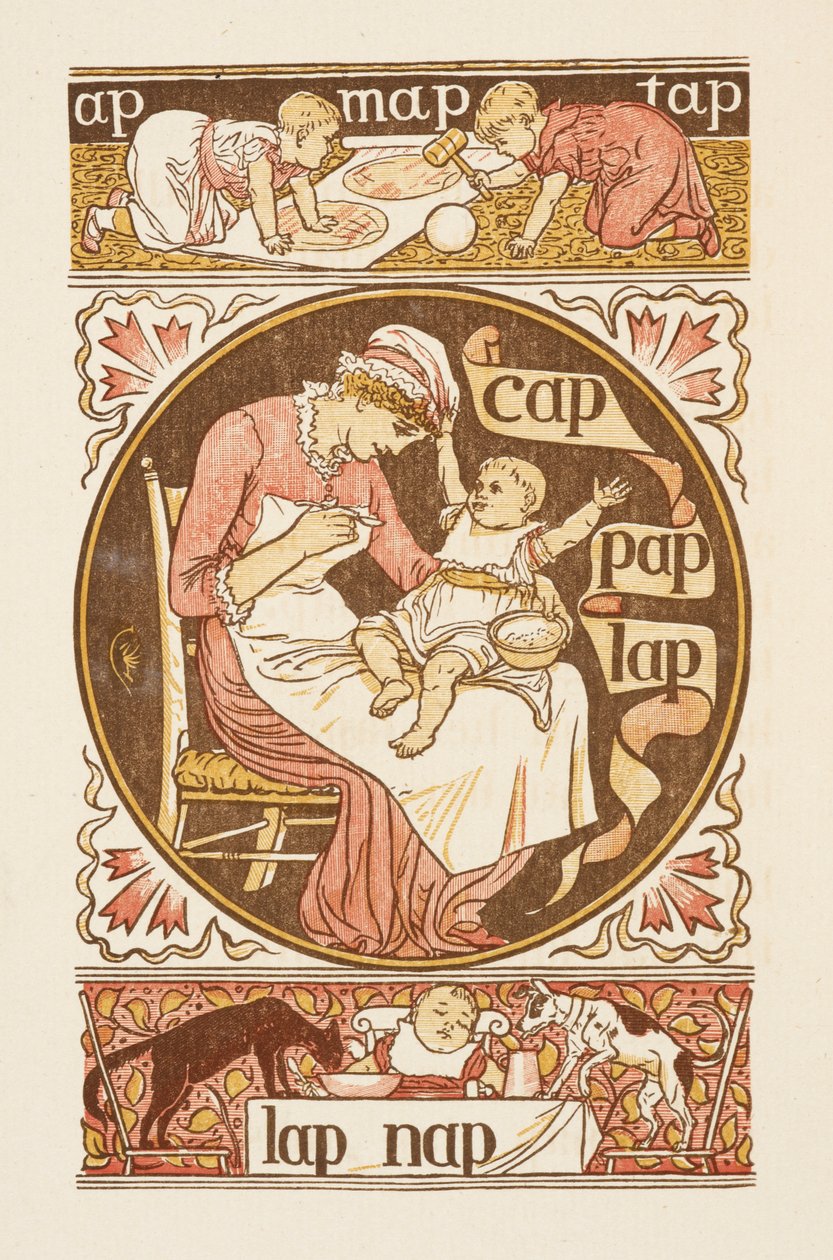 P harfiyle biten kafiyeli sözler. Bir çocuğu besleyen bir kadını gösteren bir illüstrasyon. Altın astar. by Walter Crane