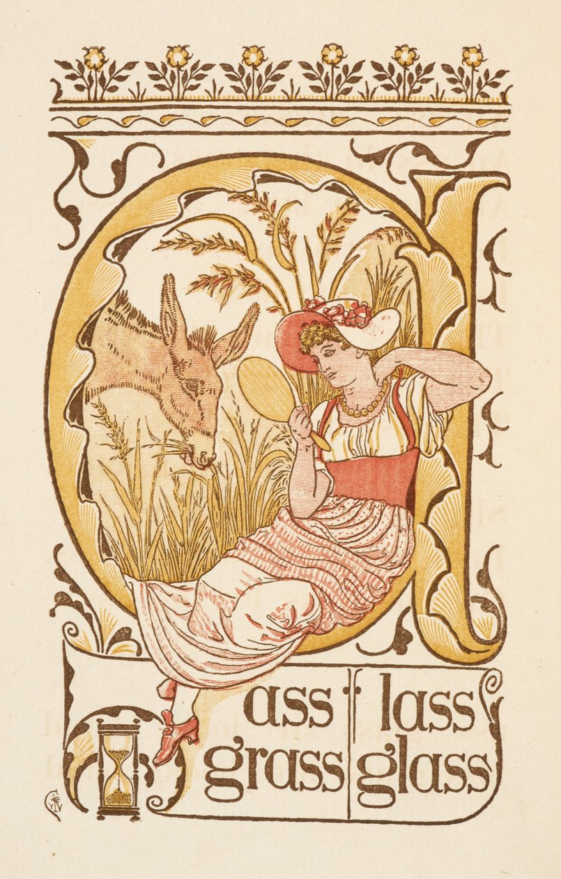 S harfiyle biten kafiyeli sözler. Elinde yüz aynası tutan bir kadın. Altın astar. by Walter Crane