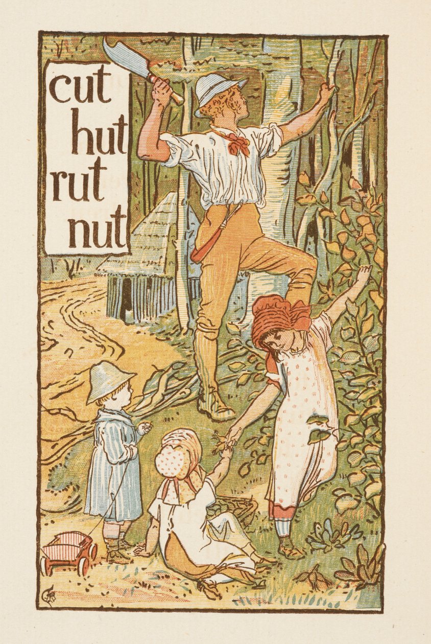 T harfiyle biten kafiyeli kelimeler. Bir ağacı kesen bir adamı gösteren bir resim. Yanında üç çocuk var. Altın astar. by Walter Crane
