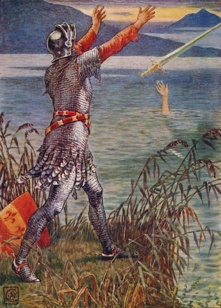 Sir Bedivere, Excalibur kılıcını göle atar, 1911. by Walter Crane