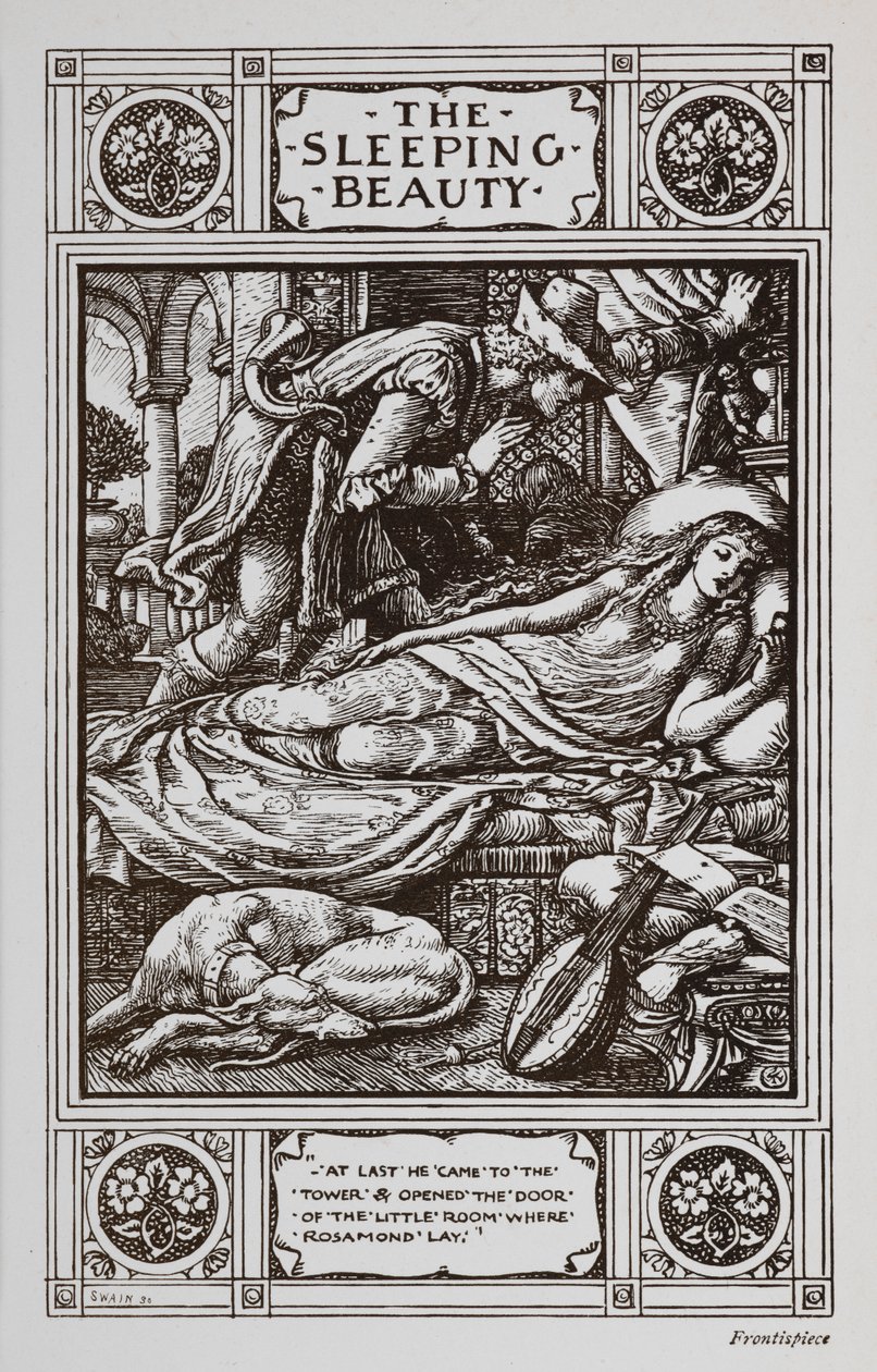 Uyuyan Güzel, uyuyan bir köpek ve bir müzik aleti ile çevrili uyurken, Beyaz Atlı Prens onu izliyor. by Walter Crane