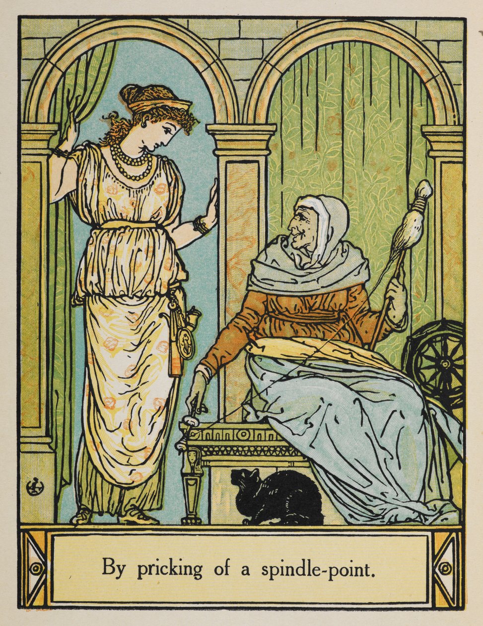 Uyuyan Güzel, elinde çıkrık ve iplik olan yaşlı bir kadının yanında duruyor. Altında siyah bir kedi oturuyor. by Walter Crane