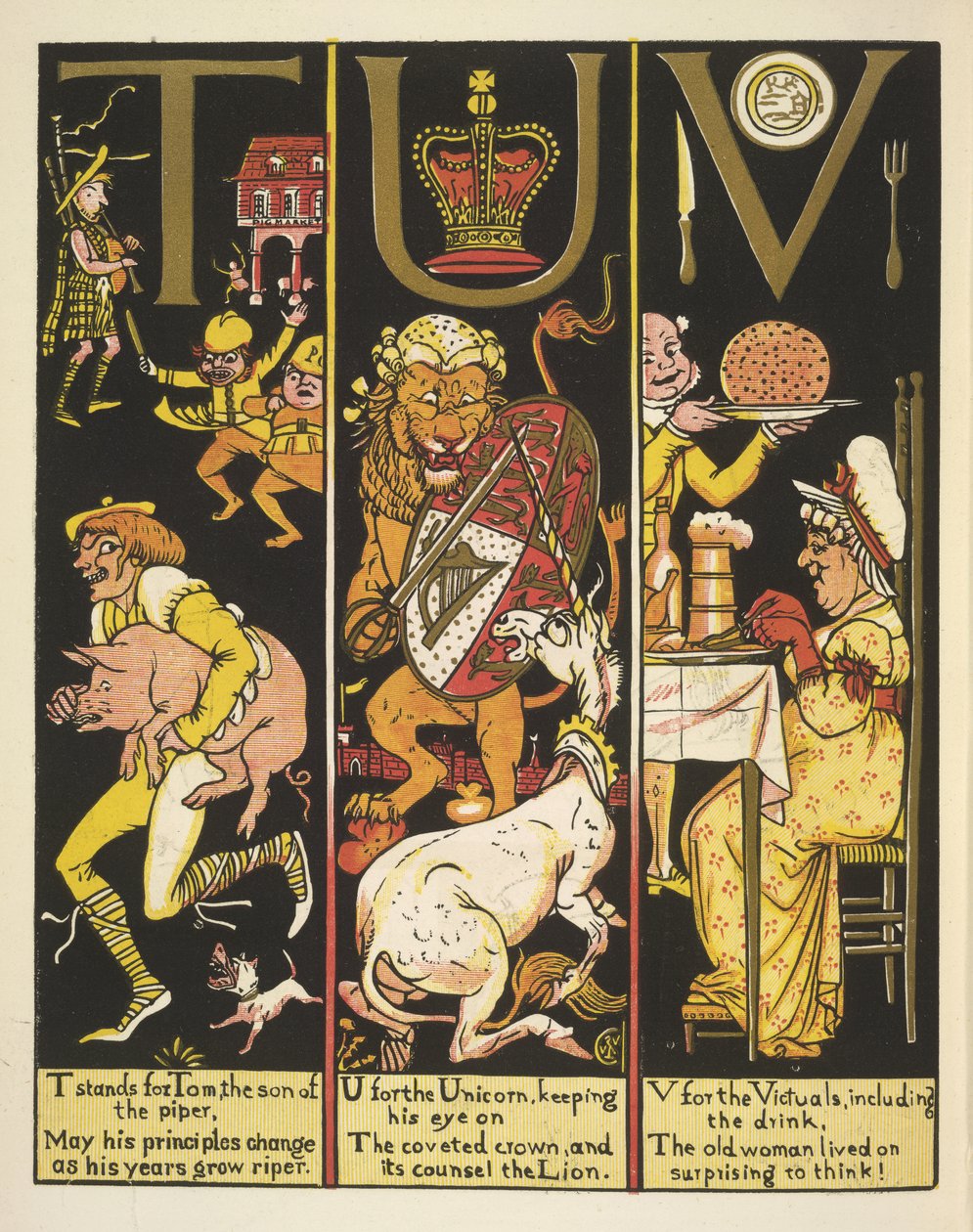TUV- T, bir kavalcının oğlu Tom'un kısaltmasıdır; tek boynuzlu at için U; ve erzak için V by Walter Crane