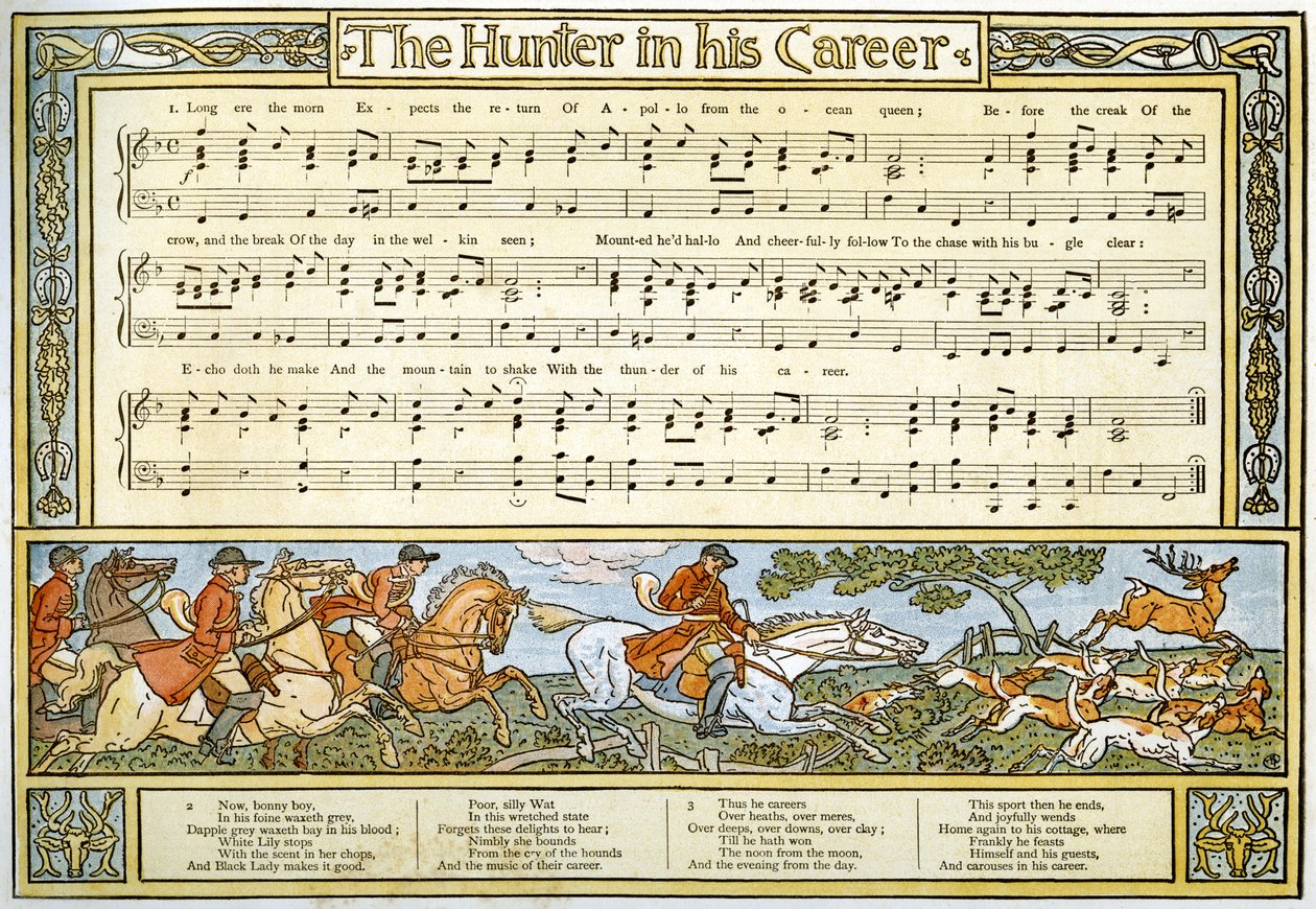 'Kariyerinde Avcı', 'Pan-Pipes'tan şarkı illüstrasyonu, Eski Şarkılar Kitabı, Yeni Düzenlenmiş ve Theo'nun Eşliğinde. Marzials, Londra'da George Routledge und Sons tarafından yayınlandı, 1884 (col. by Walter Crane