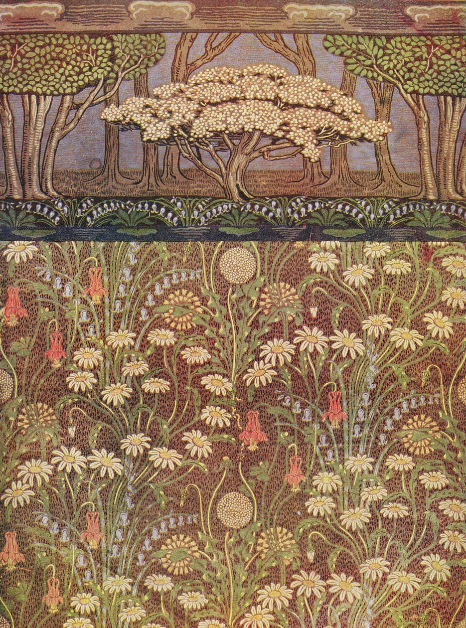 "The Meadow" duvar kağıdı, "The May Tree" friziyle birlikte, c.1905 (baskı) by Walter Crane
