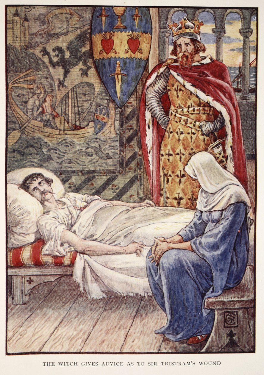 Cadı, Henry Gilbert'in "Yuvarlak Masa Şövalyelerinin Hikayeleri"nden Sir Tristram'ın Yarası hakkında tavsiyeler veriyor, ilk baskı, 1911 by Walter Crane
