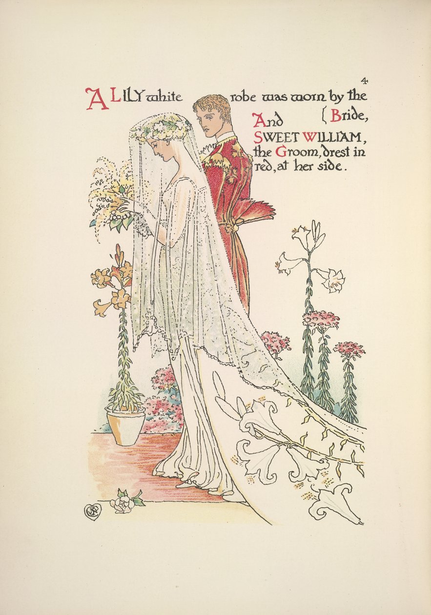 Gelin ve damat. Gelinin ve damat tatlı William'ın giydiği zambak beyazı bir cüppe, kırmızı bir elbise giymiş. by Walter Crane
