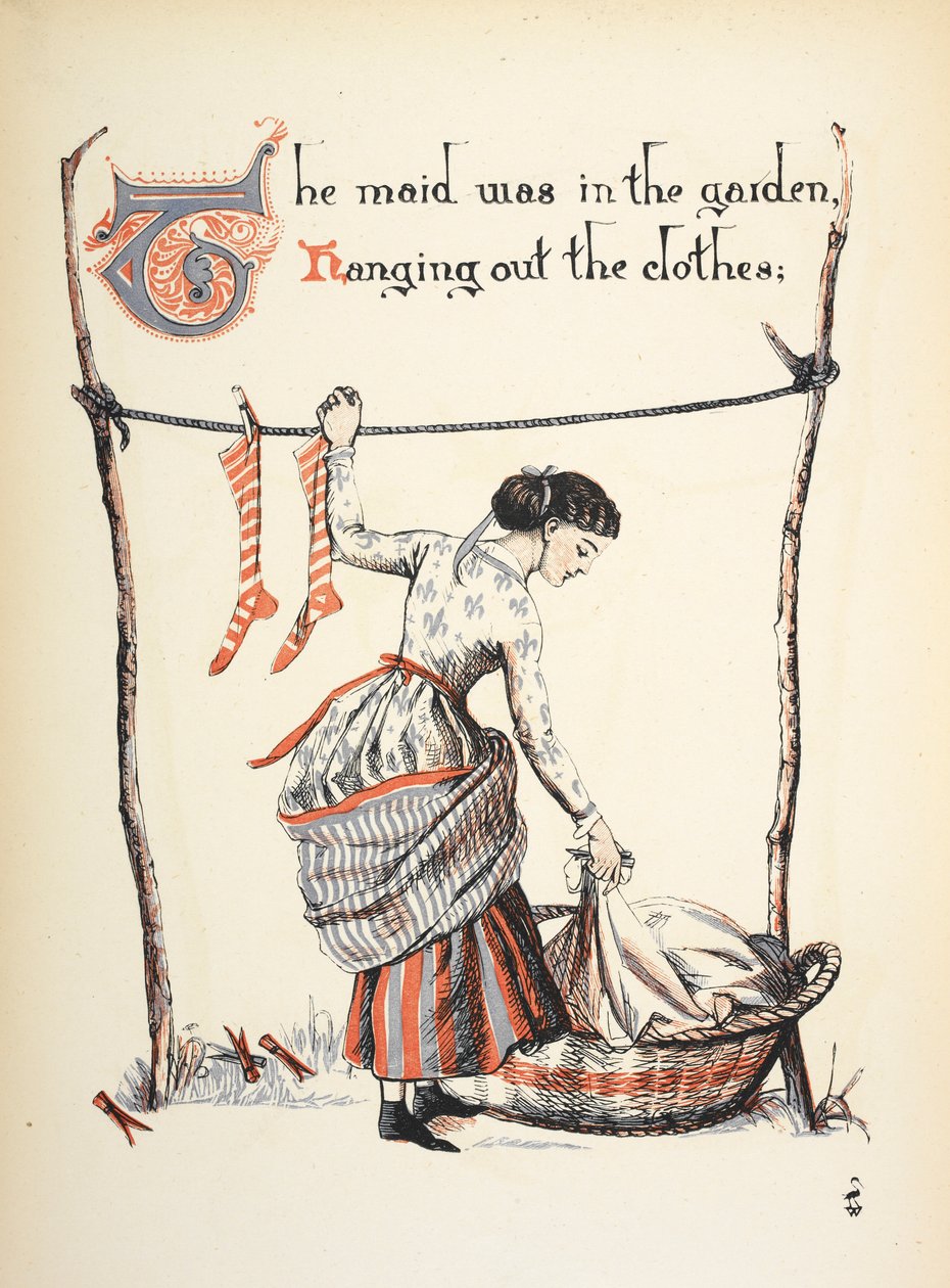Hizmetçi bahçede kıyafetleri asıyordu. by Walter Crane