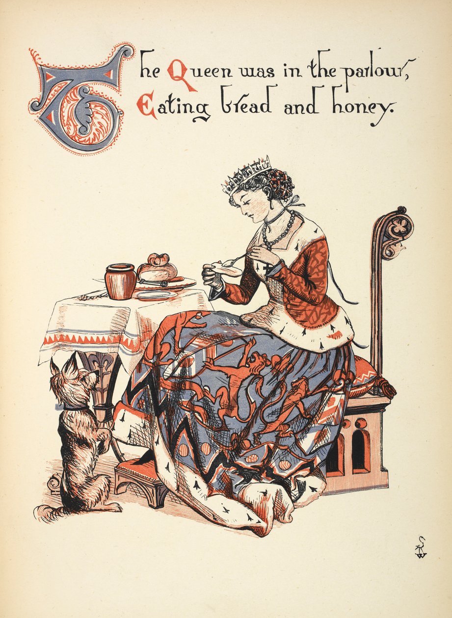 Kraliçe salonda ekmek ve bal yiyordu. by Walter Crane