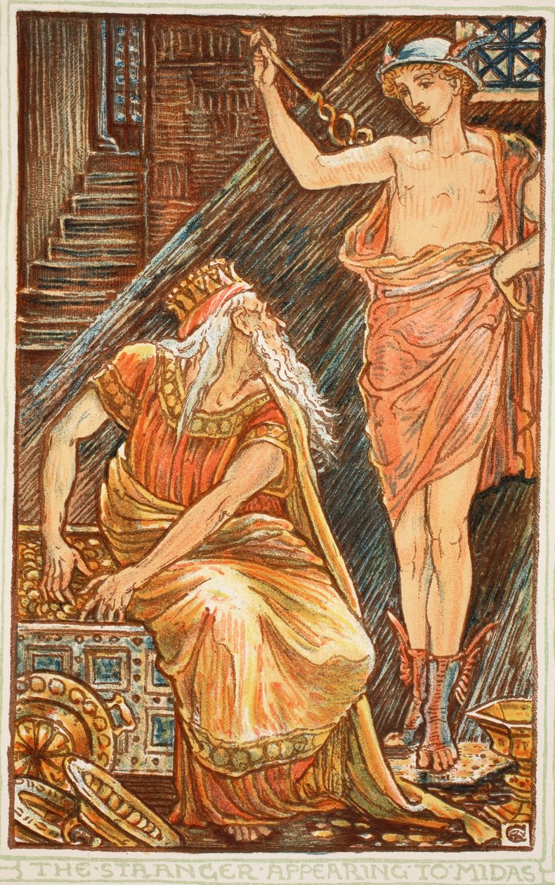 Midas'a görünen yabancı, Nathanial Hawthorne'un "Kızlar ve Erkekler İçin Bir Harikalar Kitabı"ndan bir çizim, 1852 by Walter Crane