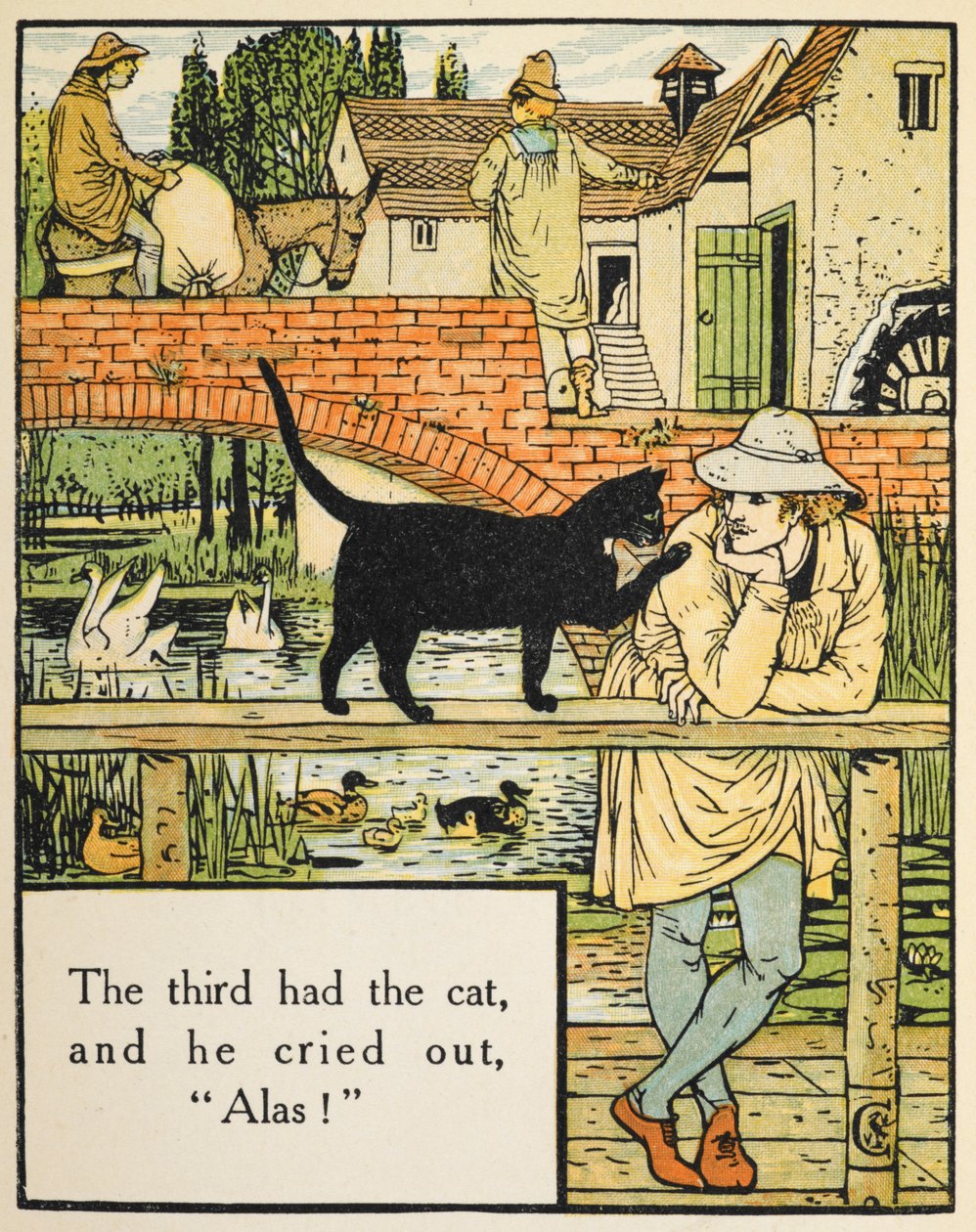 "Üçüncünün kedisi vardı ve "ah!" diye haykırdı. Değirmencinin oğlu ve kedisi. by Walter Crane