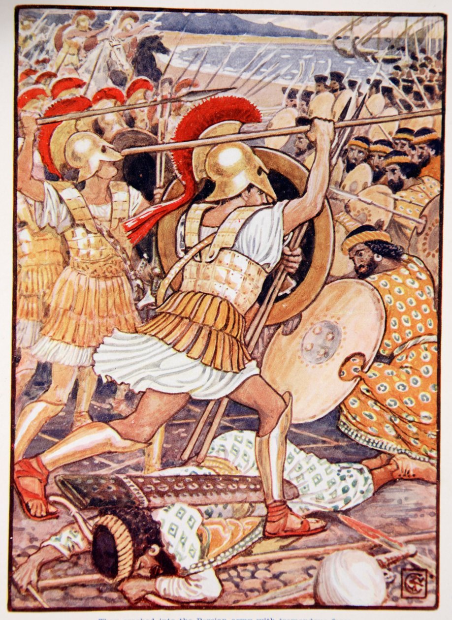 Pers Ordusuna Muazzam Bir Güçle Çarptılar, Mary Macgregor'un 'Yunanistan'ın Öyküsü'nden bir örnek, 1. baskı, 1913 (renkli baskı) by Walter Crane