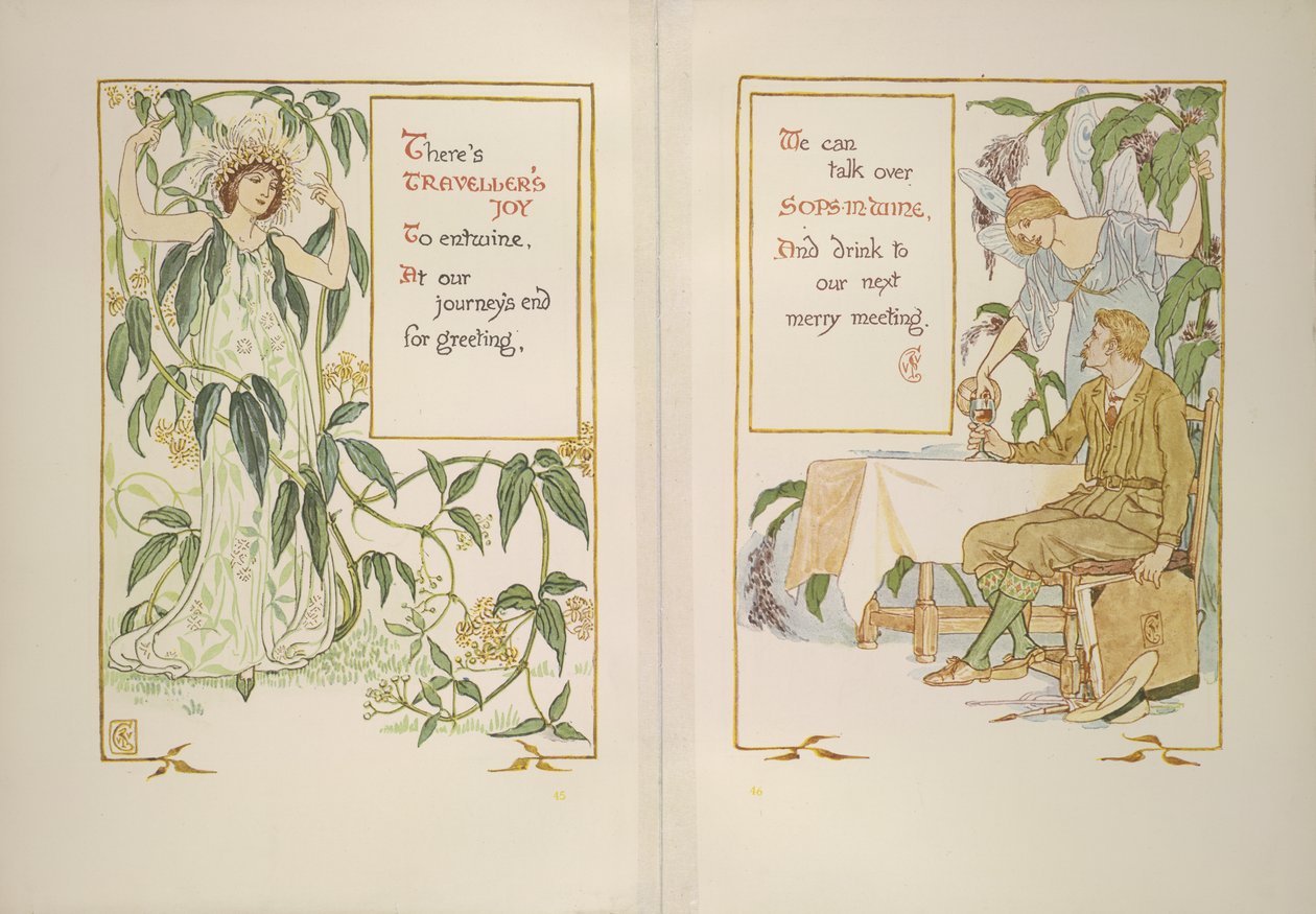 Gezginin neşesi ve şarapta yudumlar by Walter Crane
