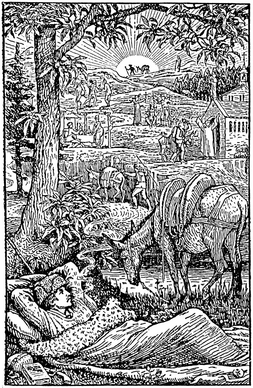 Robert Louis Stevenson tarafından yazılan Cevennes'de bir eşekle seyahatler (Cevennes'de bir eşekle seyahat eder). akşam, L'criveain dreves, bir gece molası sırasında, danesse Modestine'in yanında. Frontispice of the First English Edition ( by Walter Crane
