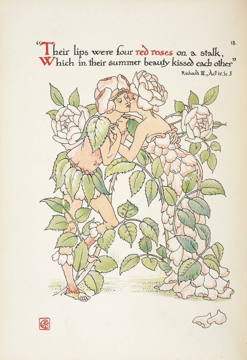 Gül gibi giyinmiş öpüşen iki figür by Walter Crane