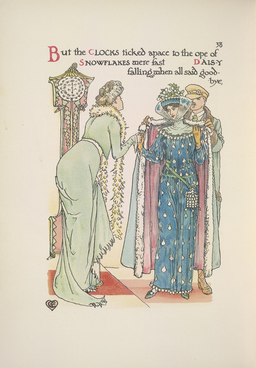 Düğün konukları gidiyor. Vedalaşan bir hanım; ceketini giymesine yardım eden bir adam by Walter Crane