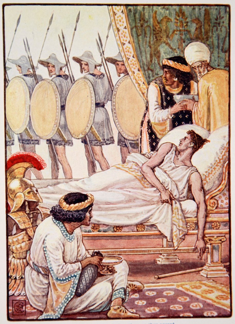 Geçerken çabalayarak onlara baktı, Mary Macgregor'un 'Yunanistan'ın Öyküsü'nden bir çizim, 1. baskı, 1913 (renkli baskı) by Walter Crane