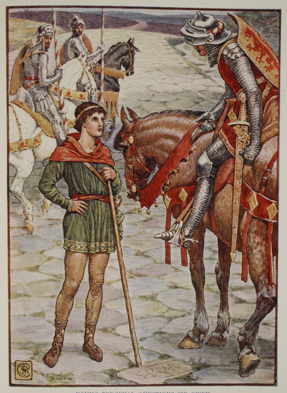 Genç Percival Soruları Sir Owen, Henry Gilbert'in 'Yuvarlak Masa Şövalyelerinin Hikayeleri'nden, ilk baskı, 1911 by Walter Crane