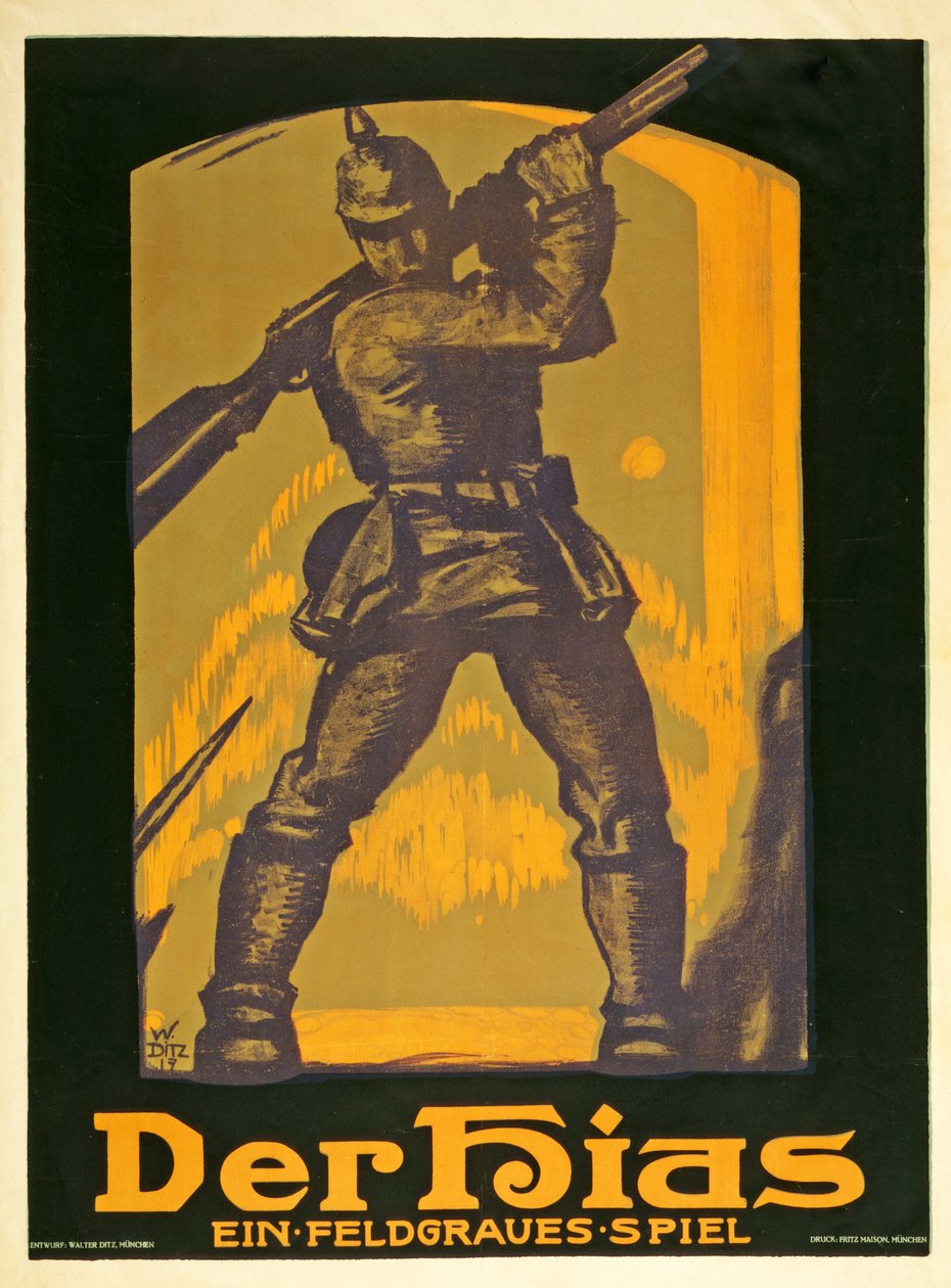 1917'de yayınlanan Heinrich Gilardone'un gri renkli bir oyunu olan The Hias oyununun reklamını yapan poster by Walter Ditz