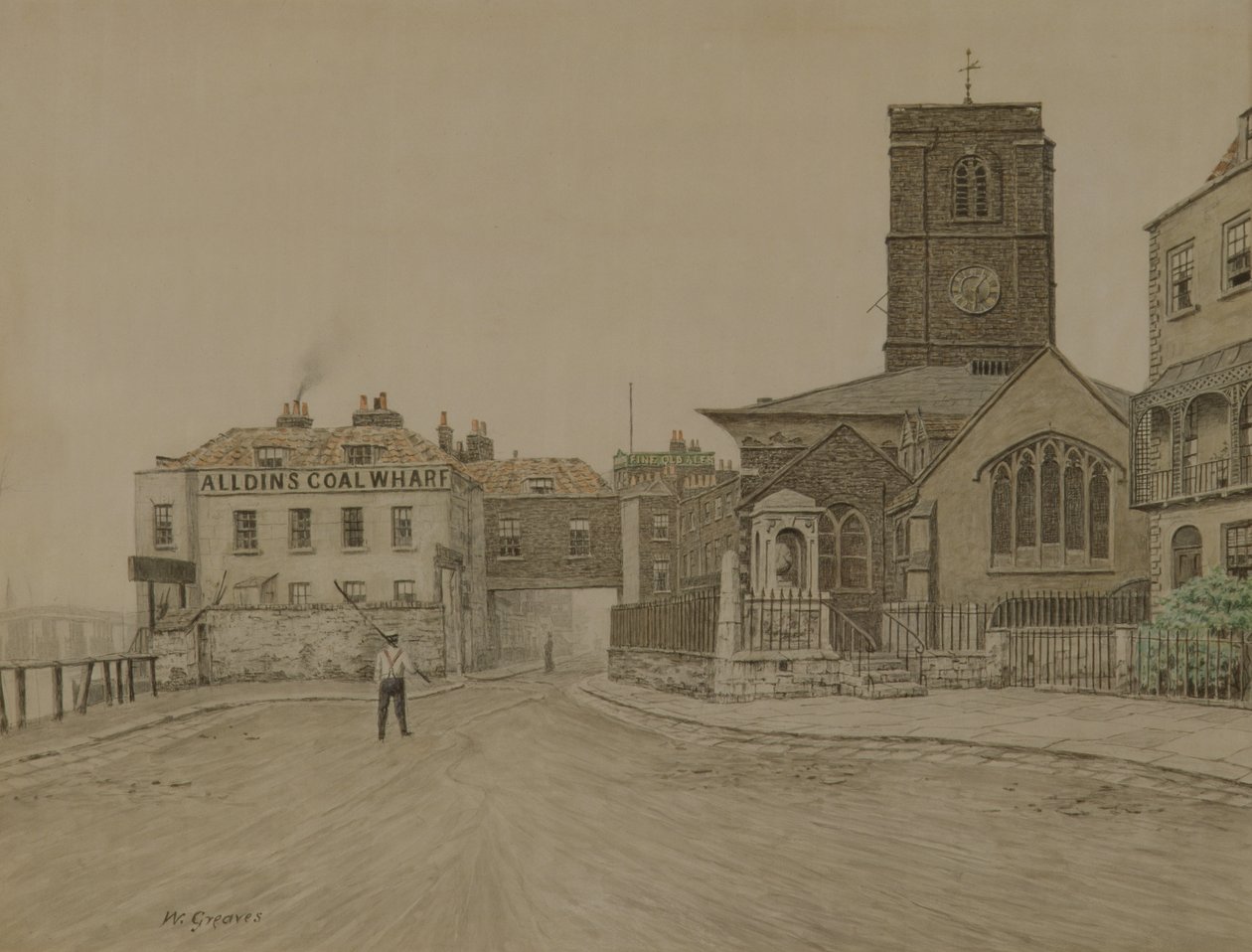 Alldins Coal Wharf ve Chelsea Old Church, Londra (kalem ve kağıt üzerinde yıkayın) by Walter Greaves