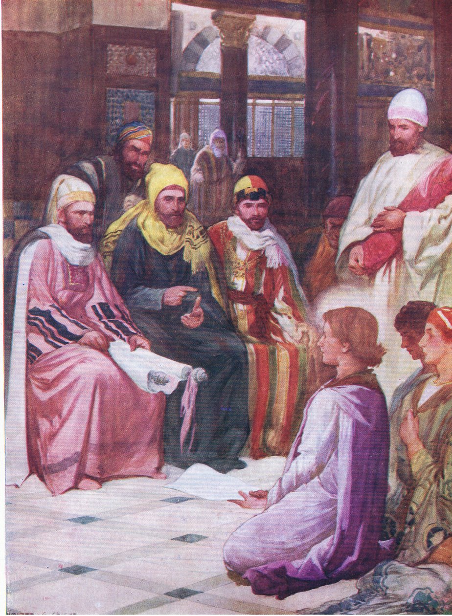 Tapınaktaki çocuk İsa, Thomas Nelson tarafından yayınlanan İncil Resimli Kitaptan, c.1950 by Walter Grieve