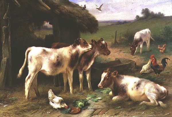 Bir manzarada bir ahırın yanında buzağılar ve kümes hayvanları by Walter Hunt