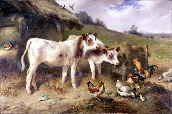 Bir ahırın dışında buzağılar ve kümes hayvanları by Walter Hunt
