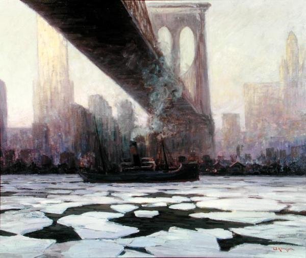 Brooklyn Köprüsü Altında Donmuş Suda Gemi (tuval üzerine yağlı boya) by Walter Koeniger