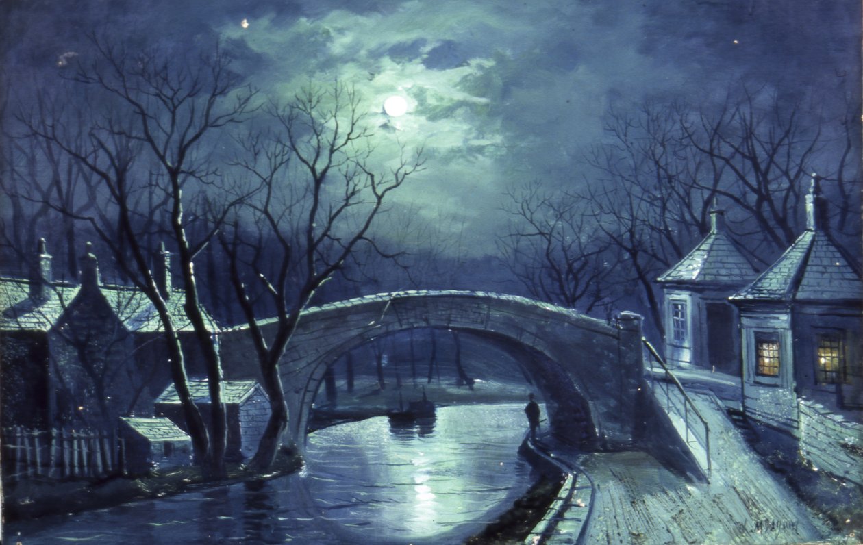 Redcote Bridge, Armley, Ay Işığından (tuval üzerine yağlı boya) by Walter Linsley Meegan