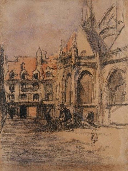 Rue Sainte Catherine ve eski pasajlar, Dieppe, c.1900 (kömür ve sulu boya) by Walter Richard Sickert