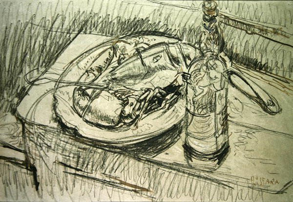 Istakoz ile Natürmort (kağıt üzerine tebeşir ve mürekkep) by Walter Richard Sickert