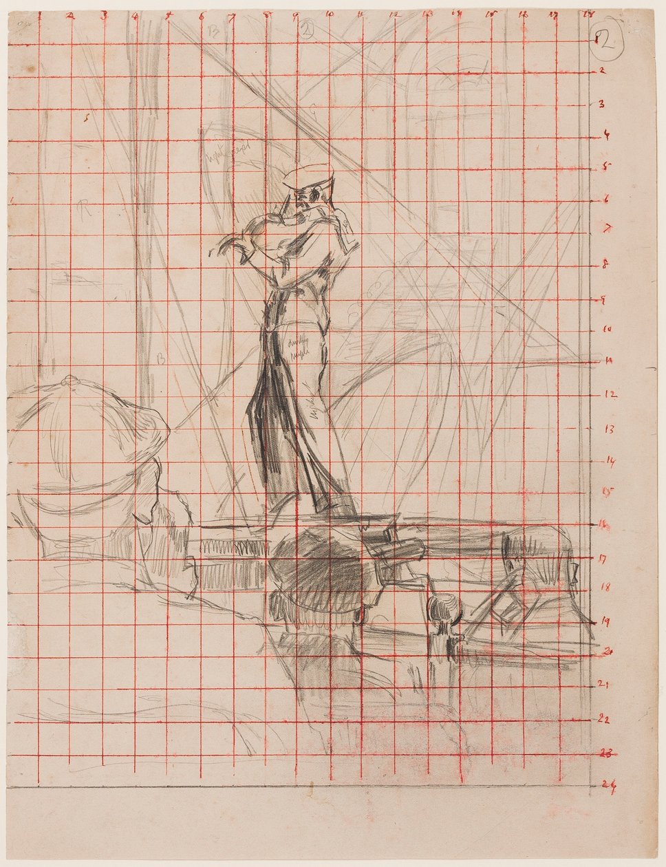 The Violinist, 192223 (kağıt üzerine kurşun kalem, kırmızı mürekkeple aktarmak için kare) by Walter Richard Sickert
