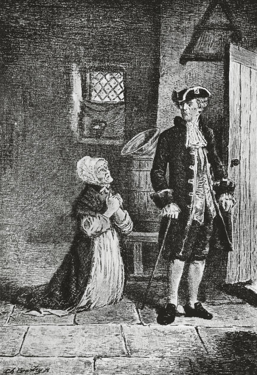 Elspeth ve Lord Glenallan, Antiquary için çizim, Walter Scott'ın tarihi romanı (1771-1832), gravür by Walter Scott