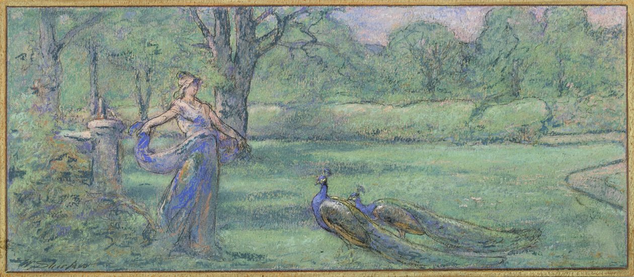 Bir bahçede tavus kuşu olan kadın by Walter Shirlaw