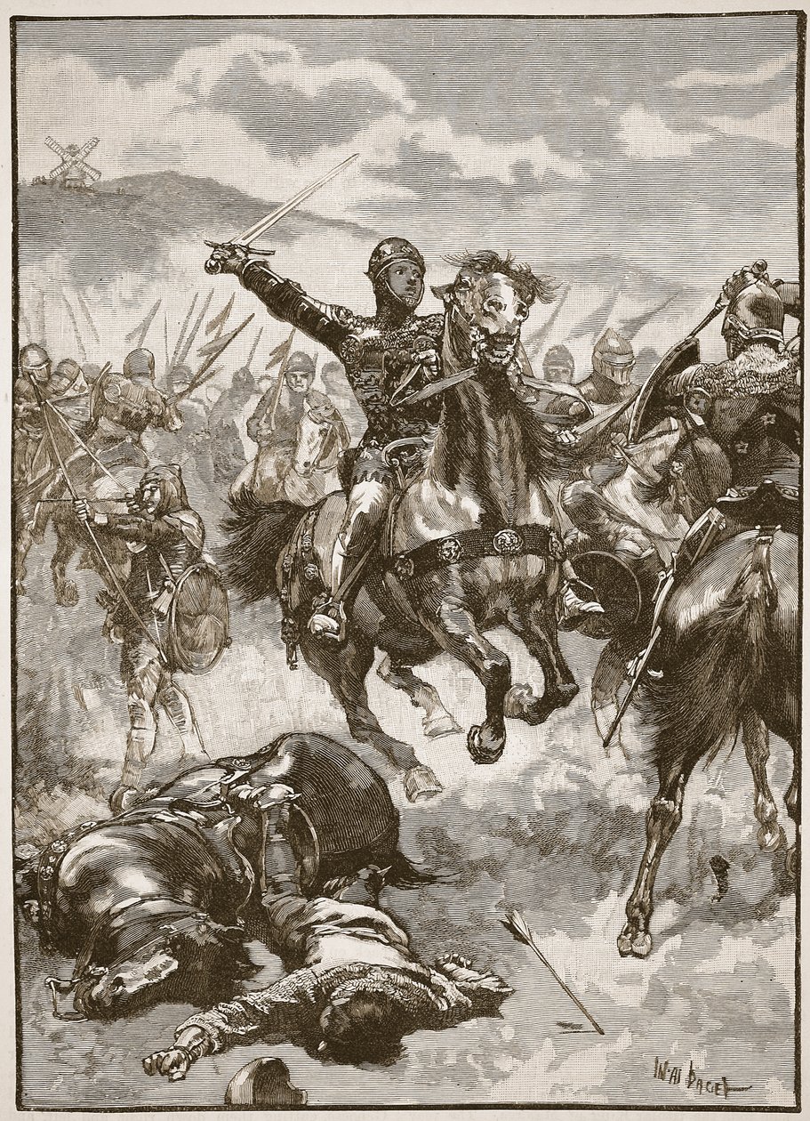 Kara Prens Crecy Savaşı'nda, 'Cassell'in Illustrated History of England'ından bir çizim (sepya fotoğrafı) by Walter Stanley Paget