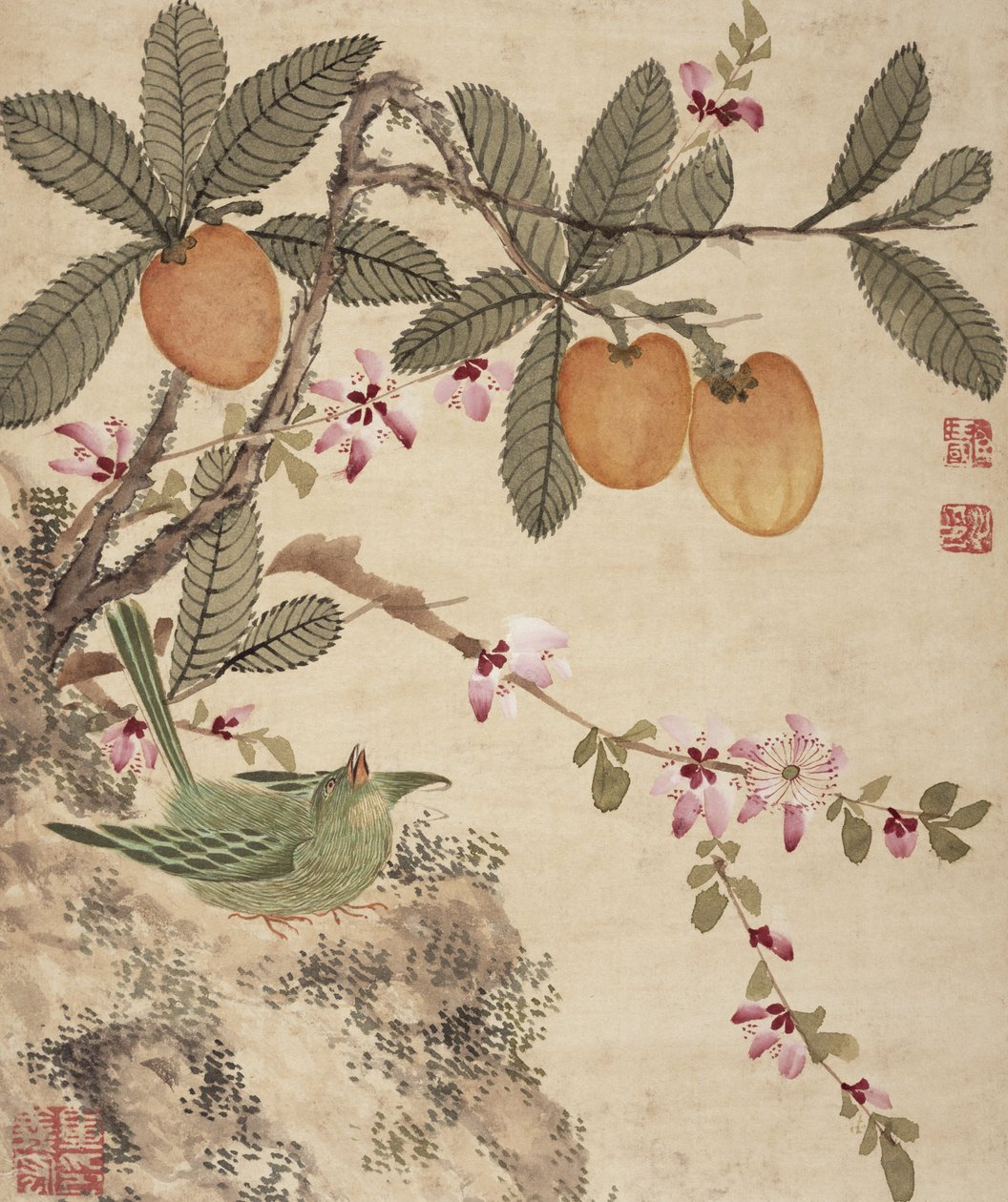 19. yüzyılın sonlarında bir dizi kuş ve meyve resminden biri by Wang Guochen