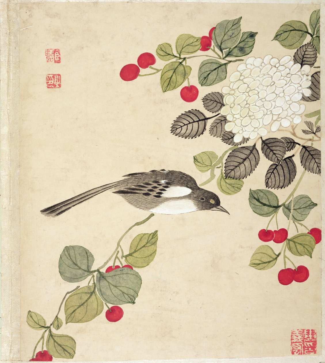 19. yüzyılın sonlarında bir dizi kuş ve meyve resminden biri by Wang Guochen