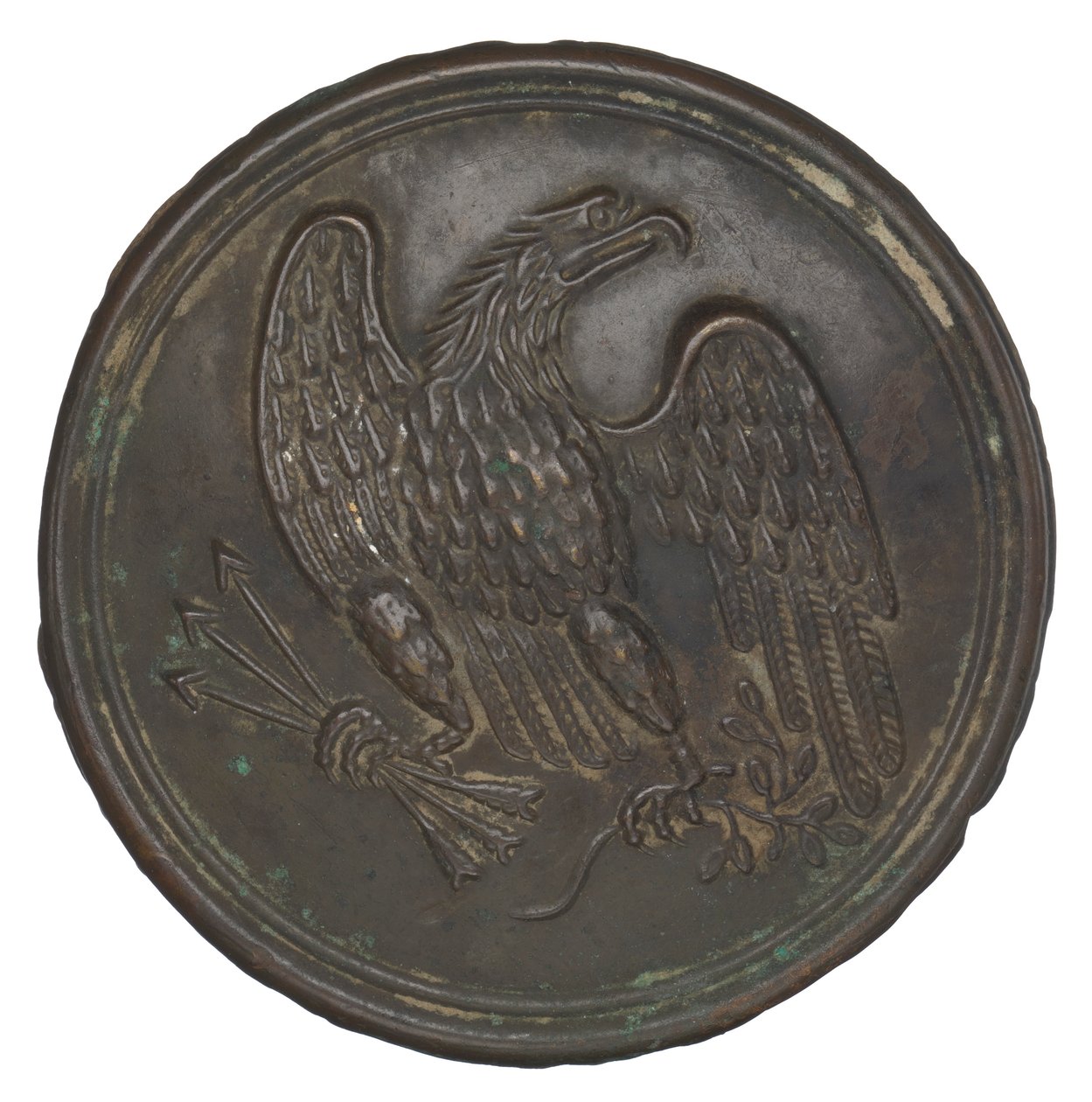 Kartuş kutusu kayışından damgalı pirinç kartal tasarımlı plaka, 1862-1865. by Warren H. Wilkinson