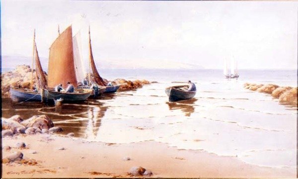 Landing the Catch (muhtemelen Cemaes Bay, Anglesey) (kağıt üzerine sulu boya) by Warren Williams