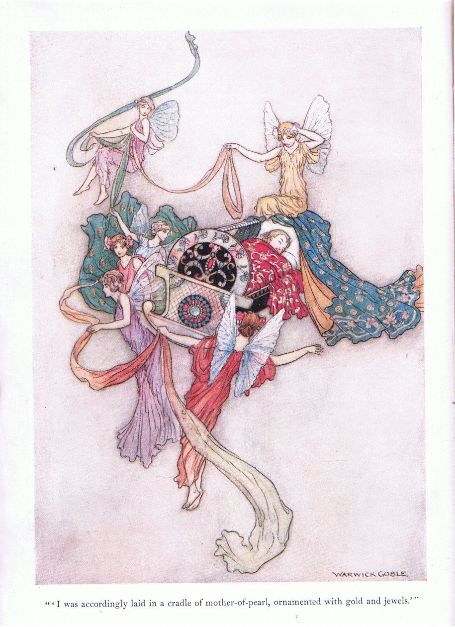 Altınla ve mücevherlerle süslenmiş sedef bir beşiğe yatırıldım. by Warwick Goble