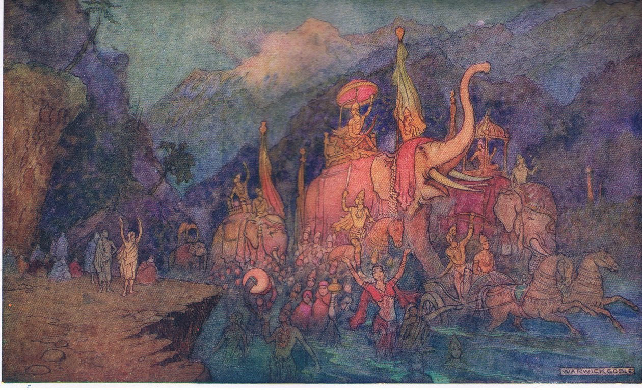 Shantanu tanrıça Ganga ile tanışır by Warwick Goble