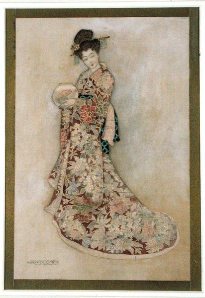 Geyşa Kız (keten üzerine suluboya ve altın) by Warwick Goble
