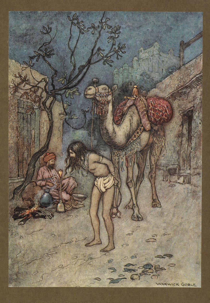 Plaka 16: "Deveci arabadan indi, olay yerinde deveyi ağaca bağladı ve tüttürmeye başladı."  Bengal Halk Masalları ... Warwick Goble