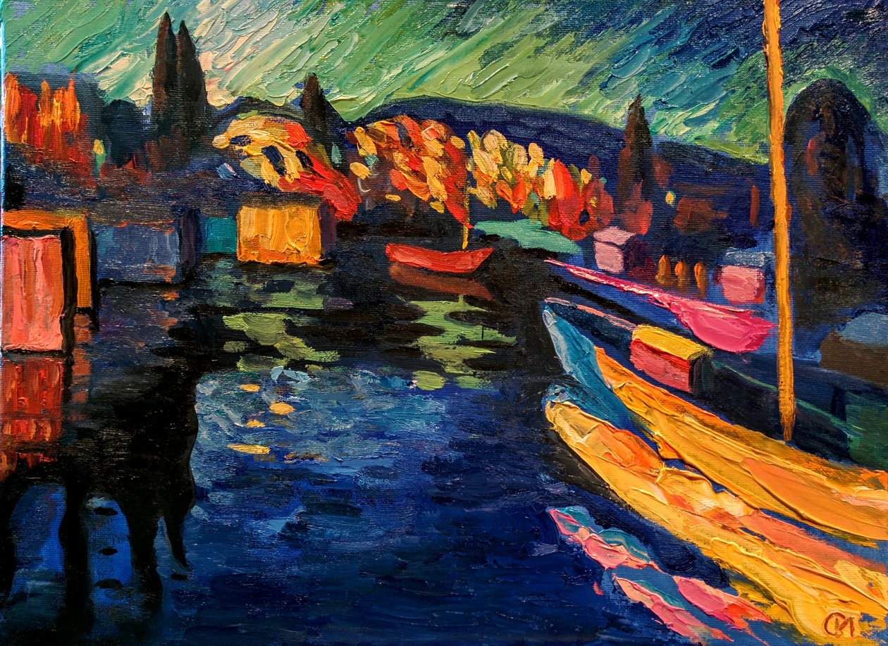 V. Kandinsky. Tekneler ile sonbahar manzarası by Wassily Kandinsky
