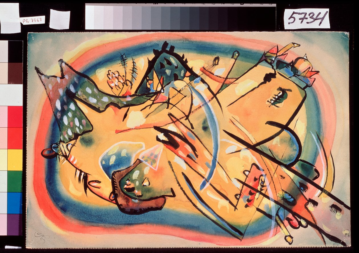 Kompozisyon, Peyzaj (Kompozisyon, Manzara) - Binaların ve dağların göründüğü renkli, temsili olmayan temsil - Wassily Kandinsky