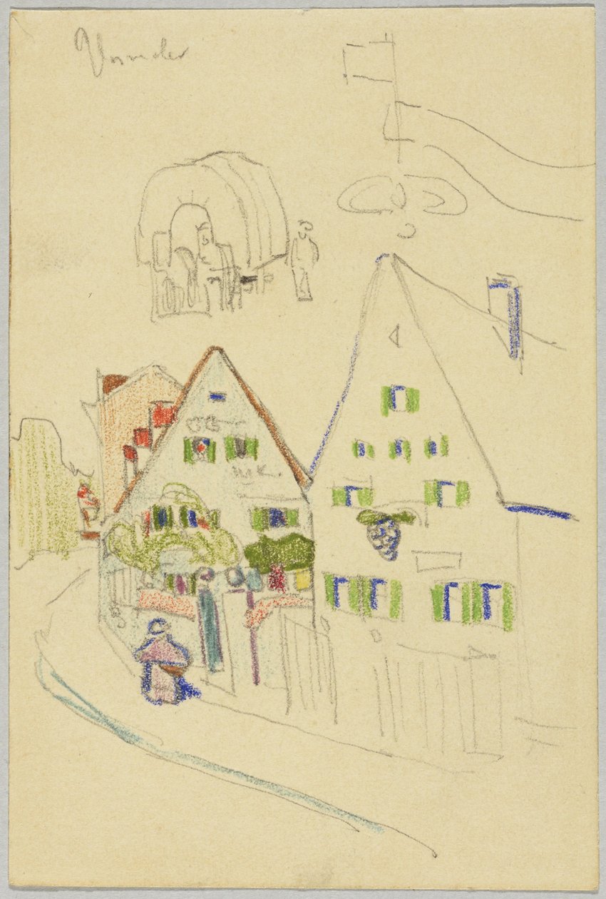Üçgen evlerin ve üstü kapalı vagonların olduğu sokak, verso: soğan kubbeli bir kilisenin olduğu bir yerin görünümü by Wassily Kandinsky
