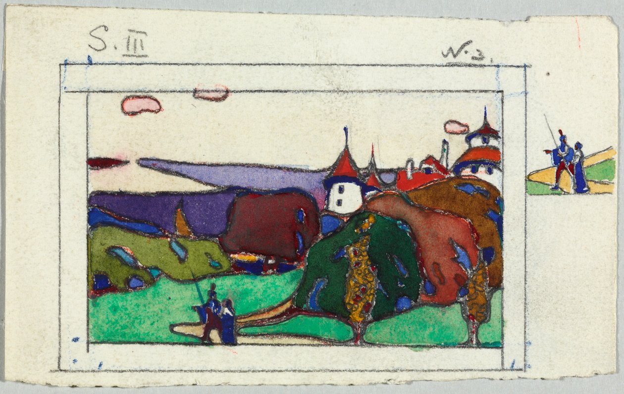 Ortaçağ kostümlü bir çiftle manzara, verso: zırhlı bir şövalye parçası by Wassily Kandinsky